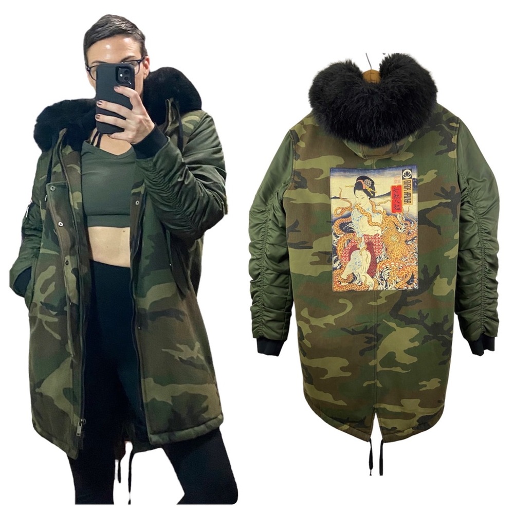 Black Kaviar Geisha Art Print Camo Faux Fur Lined Long Coat Urban Style Large